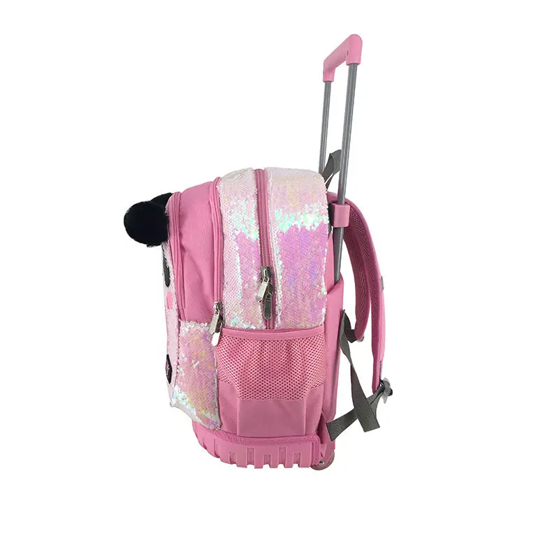 2023 new design girls cute panda pink glitter sequin backpack trolley school bag wheeled school backpack