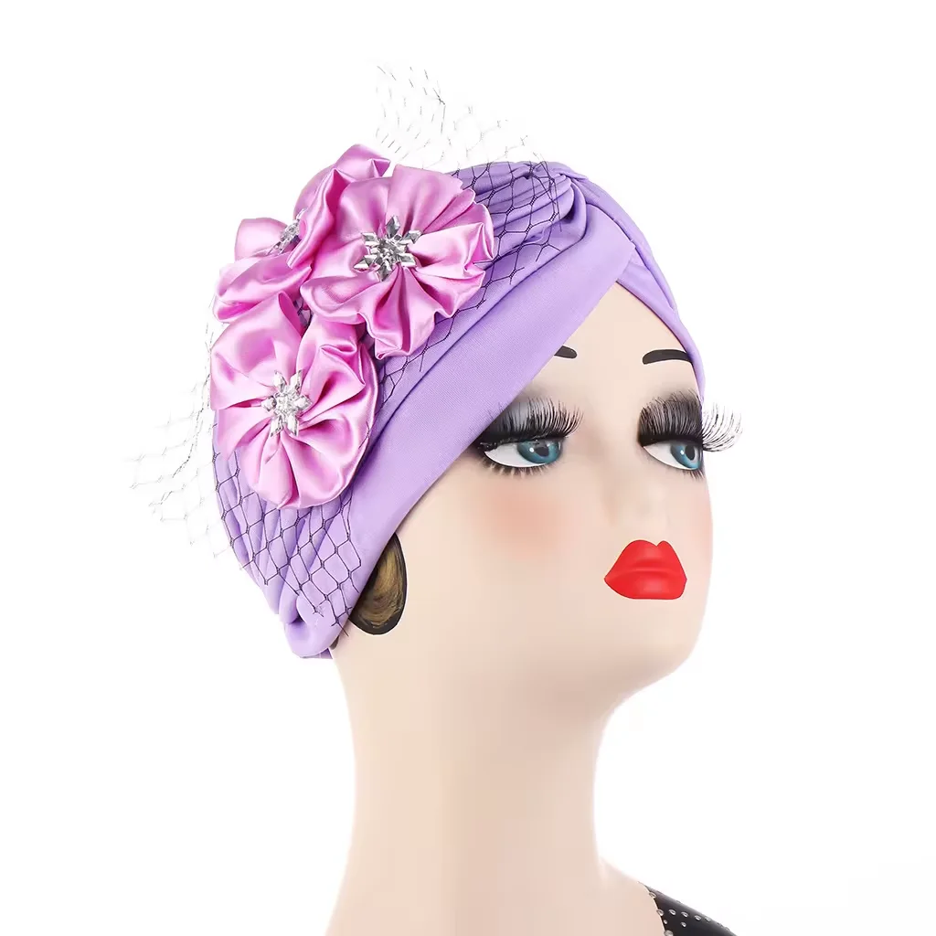 TB-337 Fashion Mesh Three-Flower Hood Decorative Party Caps Indian Beanie Hat Arab Muslim Women Head Turban Hat
