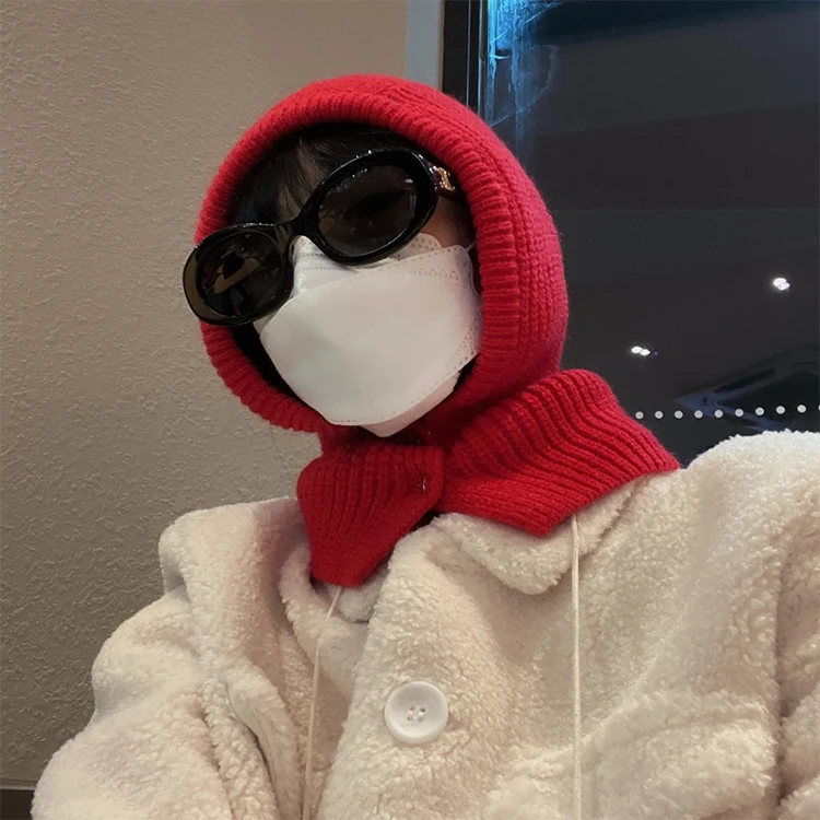 New Fashion Custom  Balaclava Knitted Hat Dual-purpose Hooded Scarf Knitted Hats Winter For Women