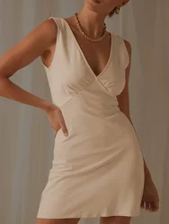 Charming Low V Neck Back Sashes Casual 2023 Evening Satin Dress Sexy