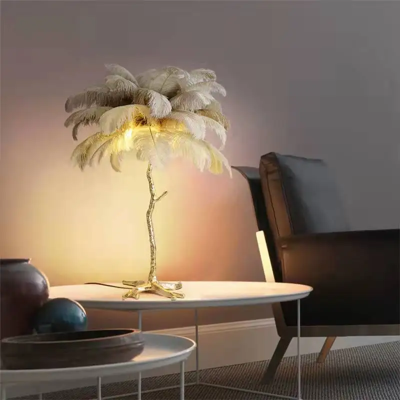 Hot sale luxury copper ostrich feather led table lamp