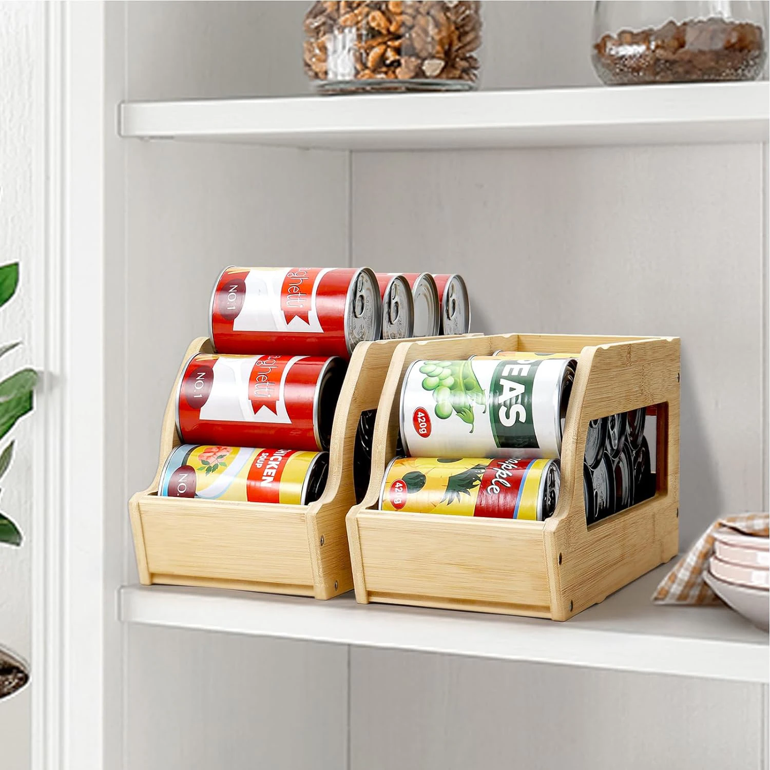 Bamboo Can Organizers and Storage for Pantry Soda Can Organizer Beverage Drink Holders Stackable Canned Goods Organizer