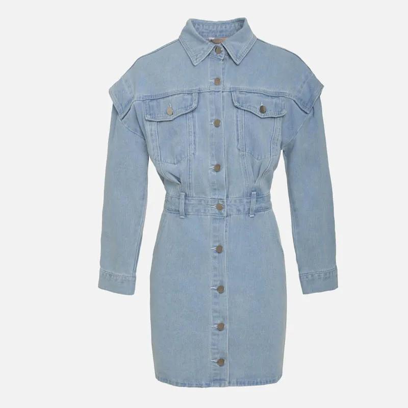 2023 fashion Women casual long sleeve side pockets lapel mini denim dress