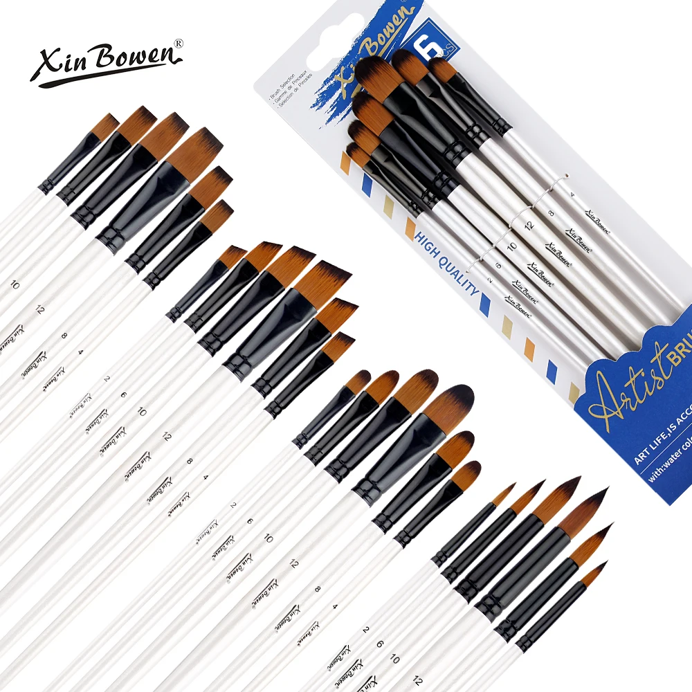 Xinbowen paintbrush 6pcs Pearl white barrel nylon brush acrylic paint brushes for art painting