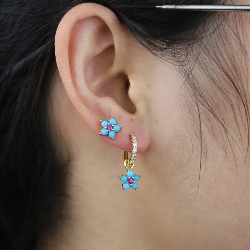 2023 New Bloom Flower Dangle Drop Earring White Fire Open Blue Turquoise Stone Fashion Gorgeous Women Jewelry