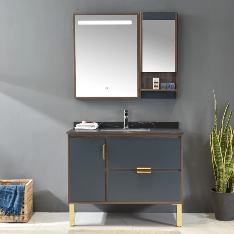 Светодиодный зеркальный одиночный умывальник черный мраморный верх серый шкаф для ванной комнаты умывальник шкаф дизайн