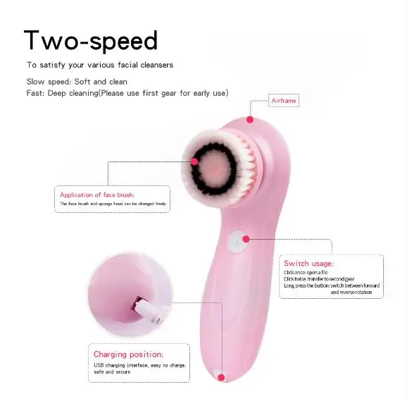 3-in-1 Electric Face Wash Brush Skin Clean Pore Cleaner SPA Beauty Relief Massager Rotating Rechargeable Facial Cleansing Brush