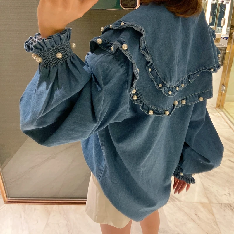 2024 Spring Fashion Streetwear Pearls Beading Layered Ruffled Collar Denim Blouse Women Blusas Lady Jean Shirt Top