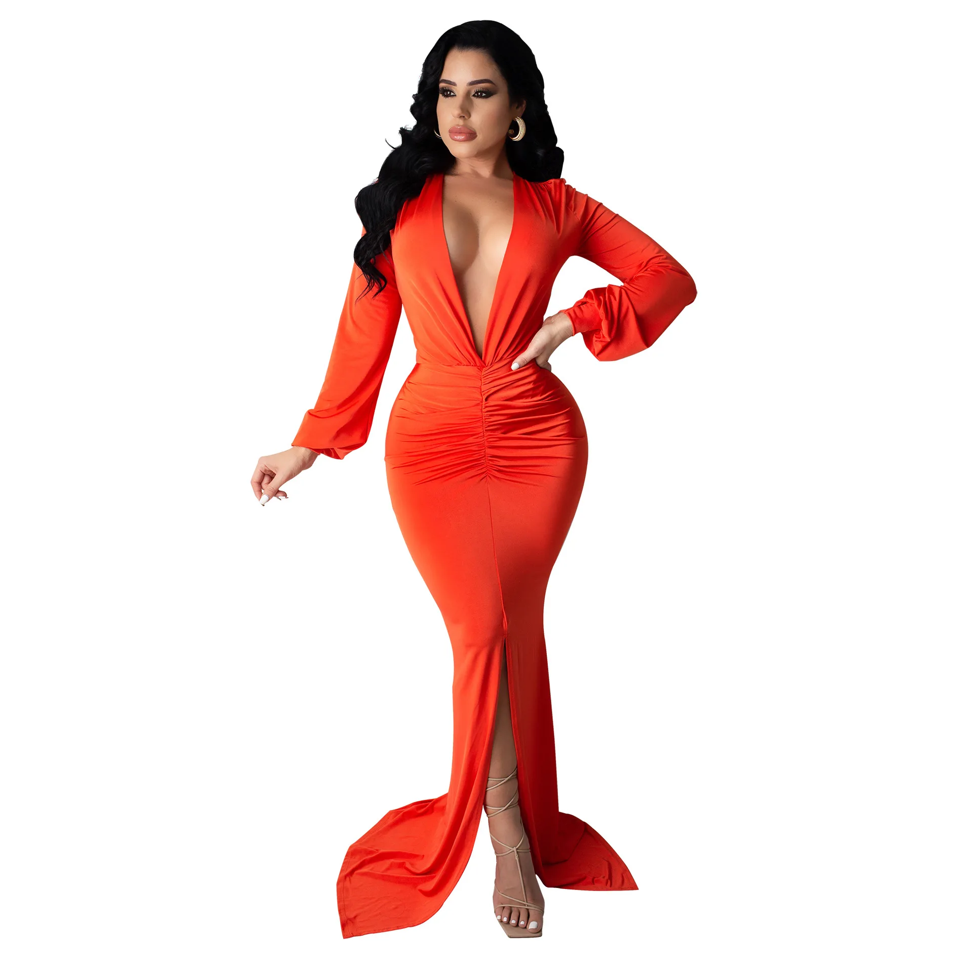 MT155-1113  Fall clothing for women new style V neck long-sleeve sexy solid color bag hip slit fishtail dress long evening dress