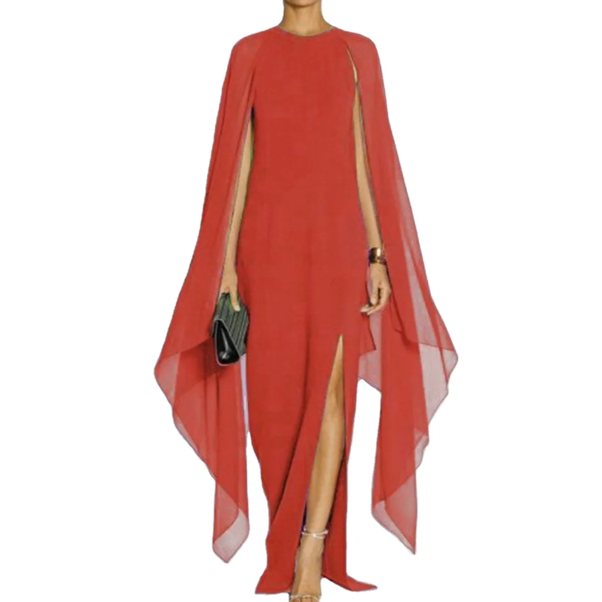 2023 custom chiffon dress foreign trade fashion solid color shawl slit irregular dress women evening dress
