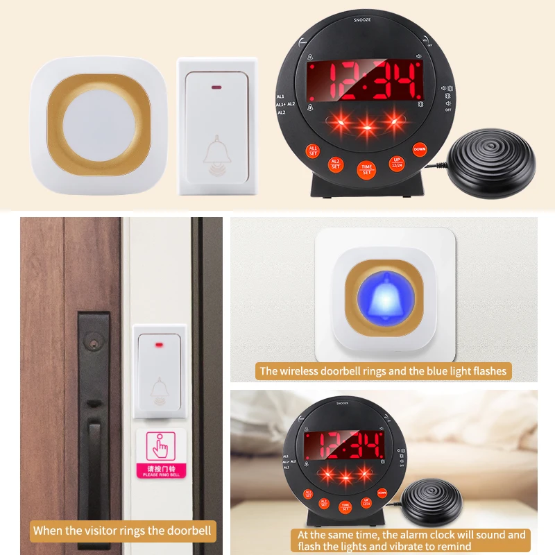 Deaf hearing impaired with bed shaker doorbell reminder vibrating ring alarm clock for hotel nightstand