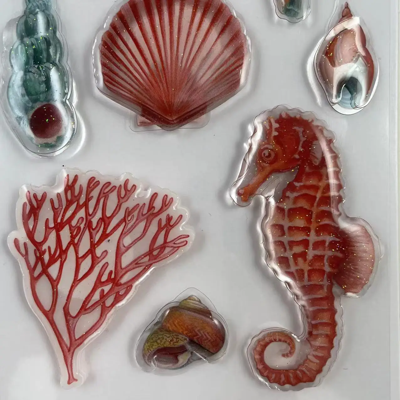 Lovely customized sea horse & shell & sea snail shape epoxy sticker 3D stickers