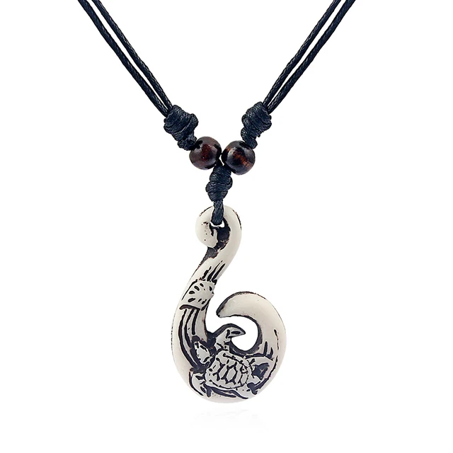 Wholesales Faux Yak Bone Hawaiian Style Hook Carved Sea Turtle Leaf Pendant Necklace Surfer Adjustable Jewelry