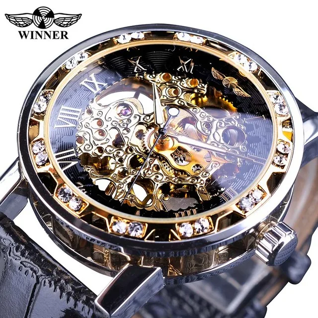 Winner Fashion Blue Mechanical Watch Men Male Rhinestone Hand Wind Leather Band Reloj Hombre Masculino Business Wristwatch