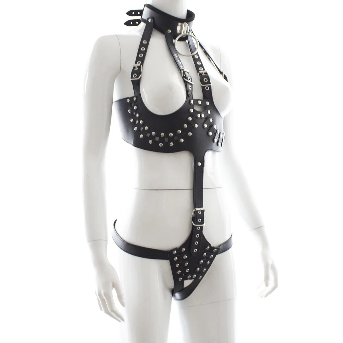 Black Leather Queen Costume With Studded Adult Sex Bondage Bodysuit Breast Baring Girdle Set Female Chastity Pants Body Harness
