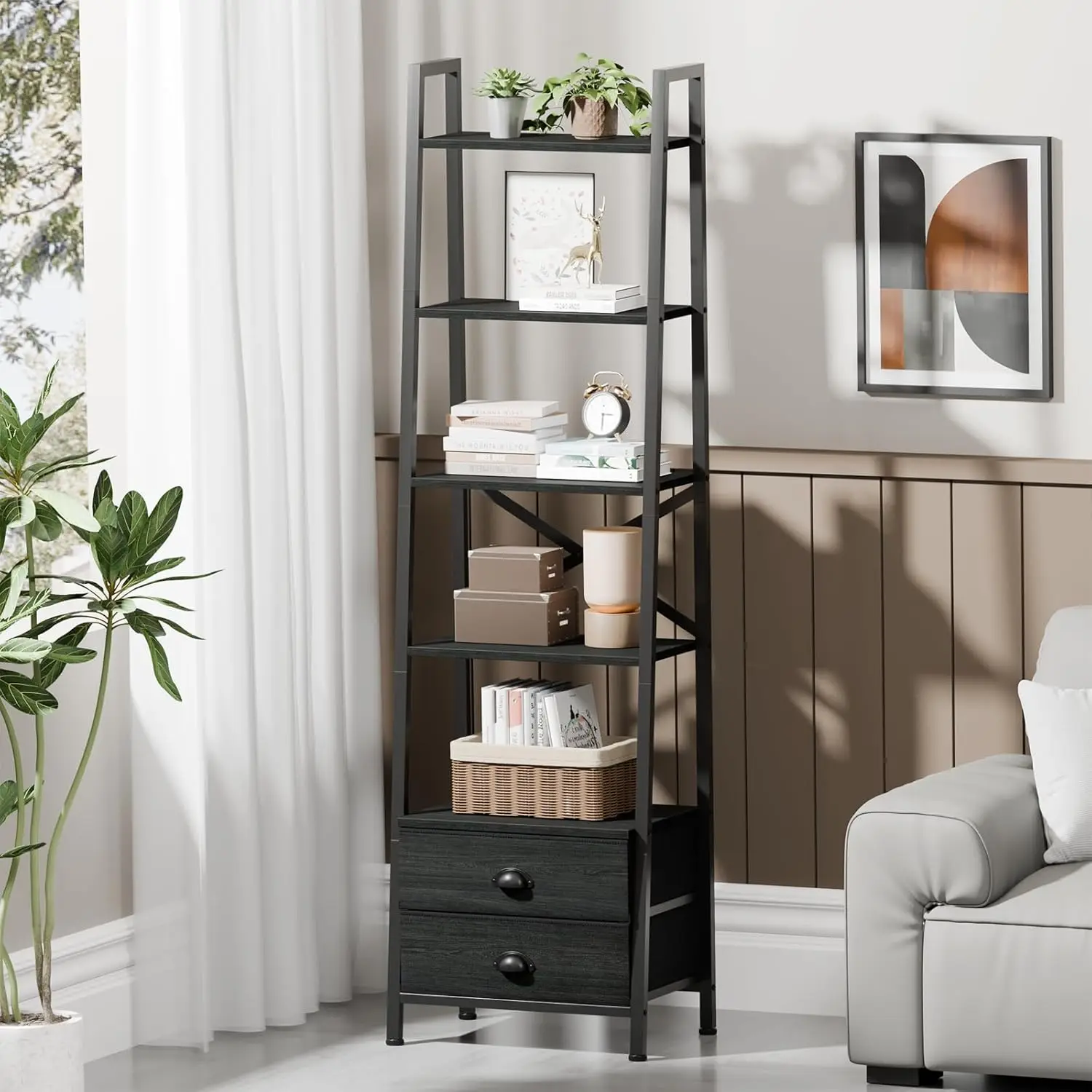 Bedroom Furniture Living Room Wood Metal Ladder Shelf Narrow Bookshelf Storage Shelves Industrial Bookcase 2 Drawers Shelf