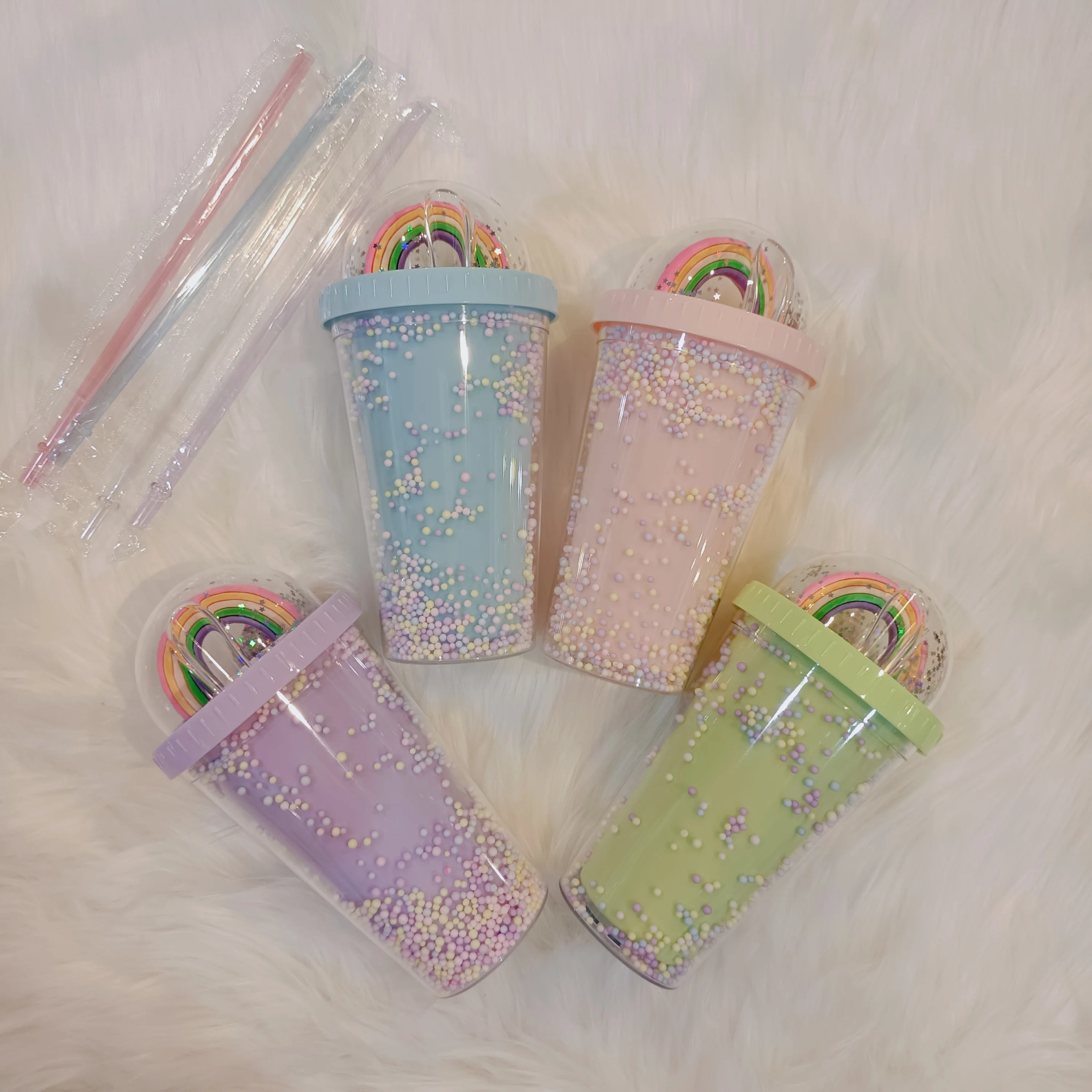 350ml 450 ml 650ml Cute Mickey Minnie Mouse Ear Bow Drinking Cup Double Wall Plastic Tumblers With Straw