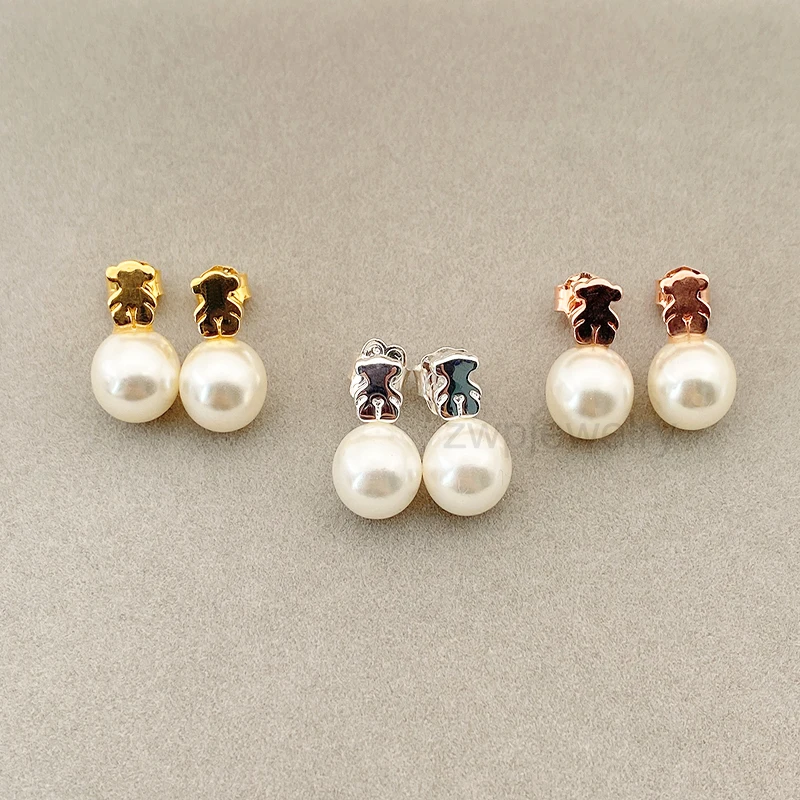 High Quality S925 Sterling Sliver TOUSES Sweet Dolls Earrings Bear Motif With 10mm Real Natural Freshwater Pearl Women Earrings