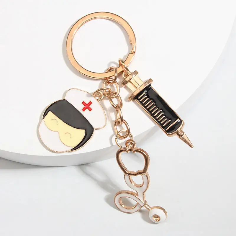 Custom New Doctor Keychain with Syringe Stethoscope Nurse Cap Pendant Mobile Phone Accessory Alloy Material Customizable Logo