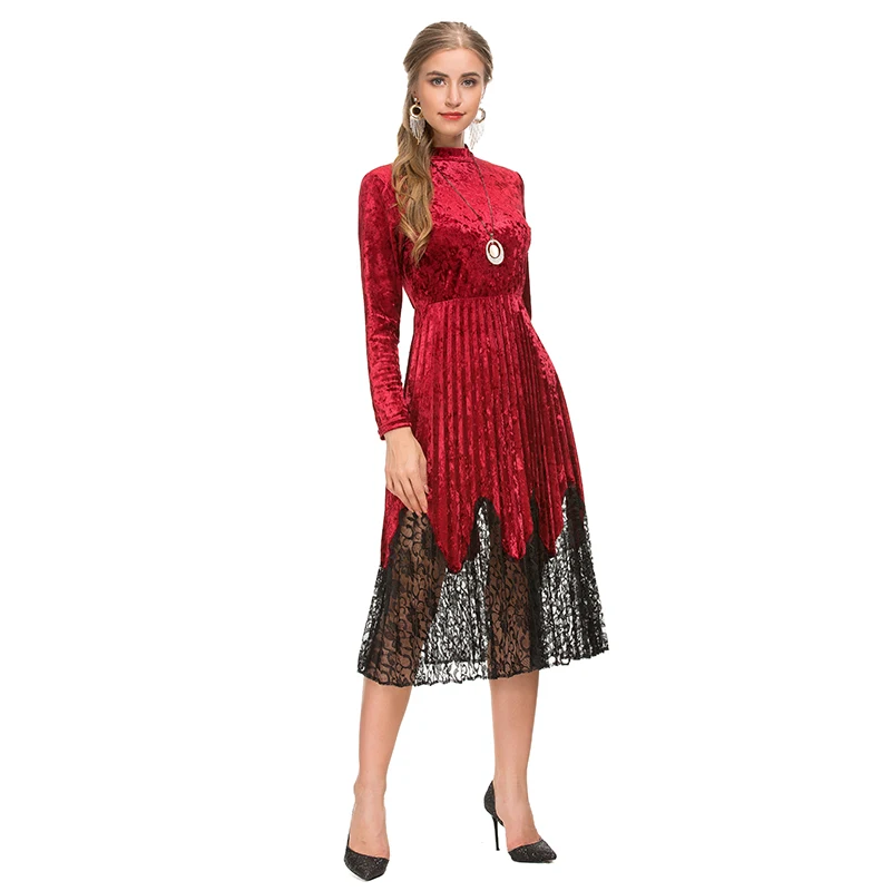 Latest design pleated lace hem women long sleeve high waist crew neckline soft velvet fabric midi dress