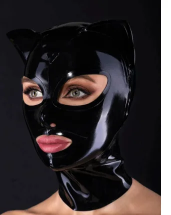 Black Red Color Sexy Latex Headgear Eye Mouth Open Rubber Mask Sex Party Sexy Latex Cat Mask for Women