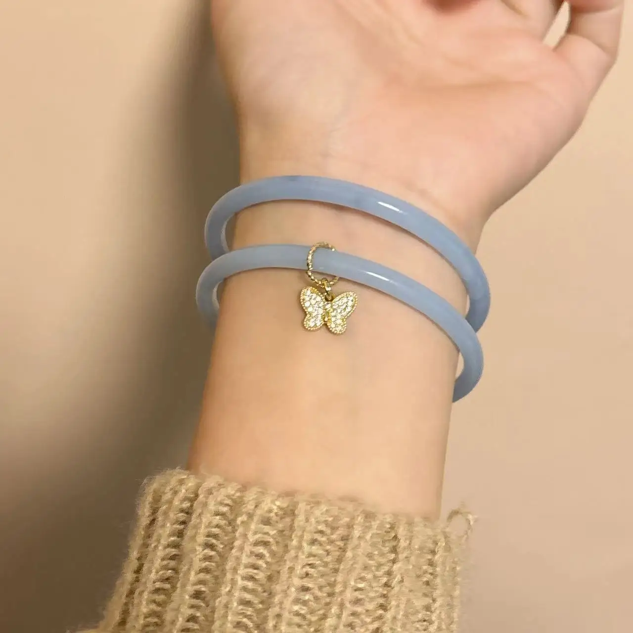 Chinese Style Gradient Color Imitation jade Bangle Zircon Butterfly Charm Cuff Bracelet chalcedony Glaze bracelet for Women