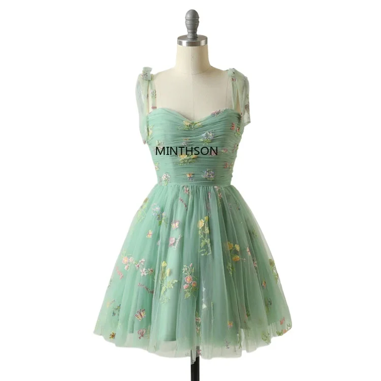 Drop ship custom  Fashion Women Embroidered Floral Dress Sleeveless Backless Lace Up Holiday Dress Elegant Prom Mini Dress