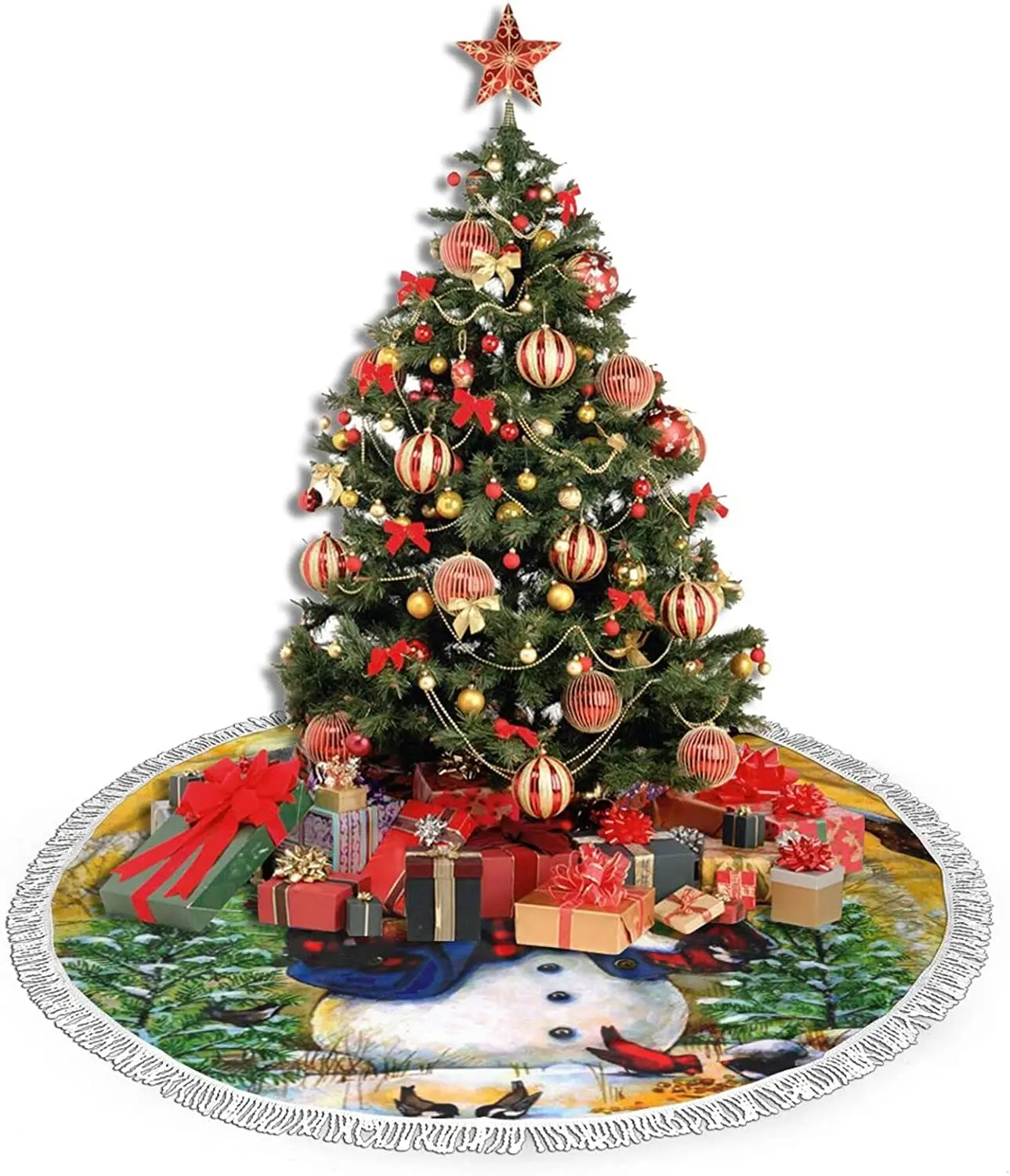 oem 36 inch 100% Polyester Brushed Fabric Christmas Tree Skirt Christmas Snowman Feeds A Group of Birds Fringed Lace Tree Skirt