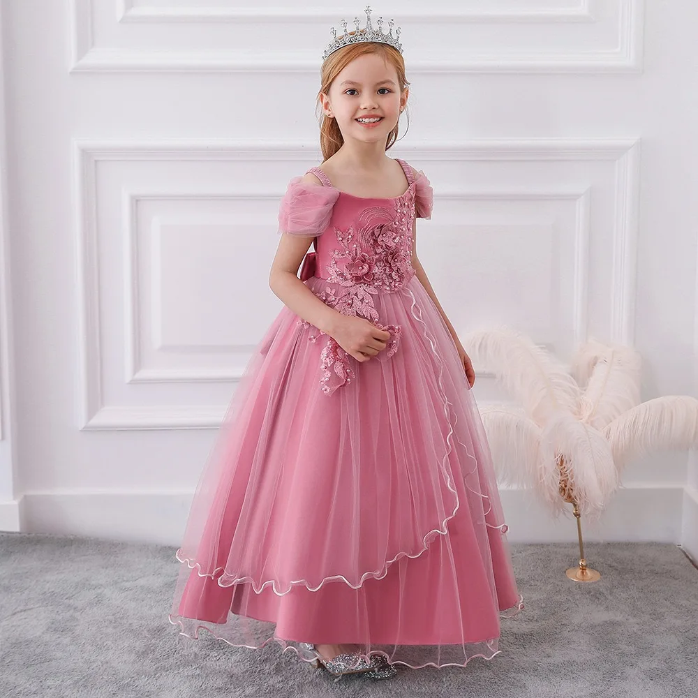 Top Sales Embroidery Puffy Sleeve Tulle Pink Baby Clothing Sets Girls Wedding Dresses Kids Princess Party Ball Gown Long Frock