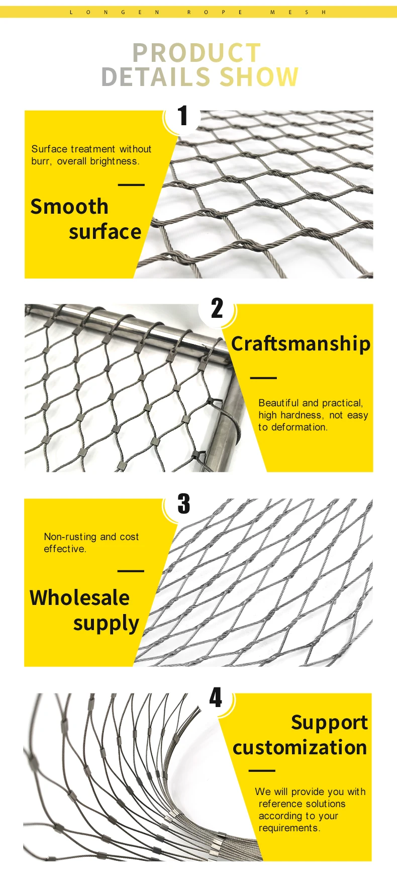 Zoo stainless steel woven knotted rope mesh Stair railing inox metal flexible ferrule cable net Animal cable rope netting  