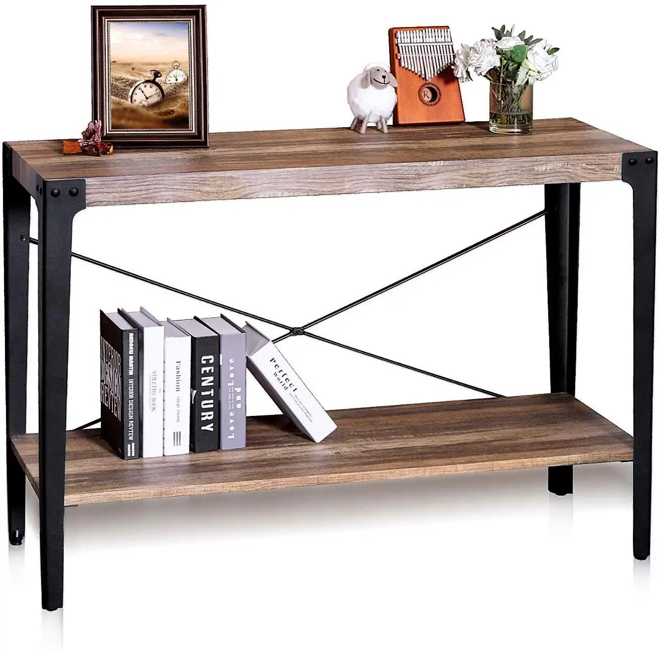 
high gloss antique wood tv console table with angle iron frame 