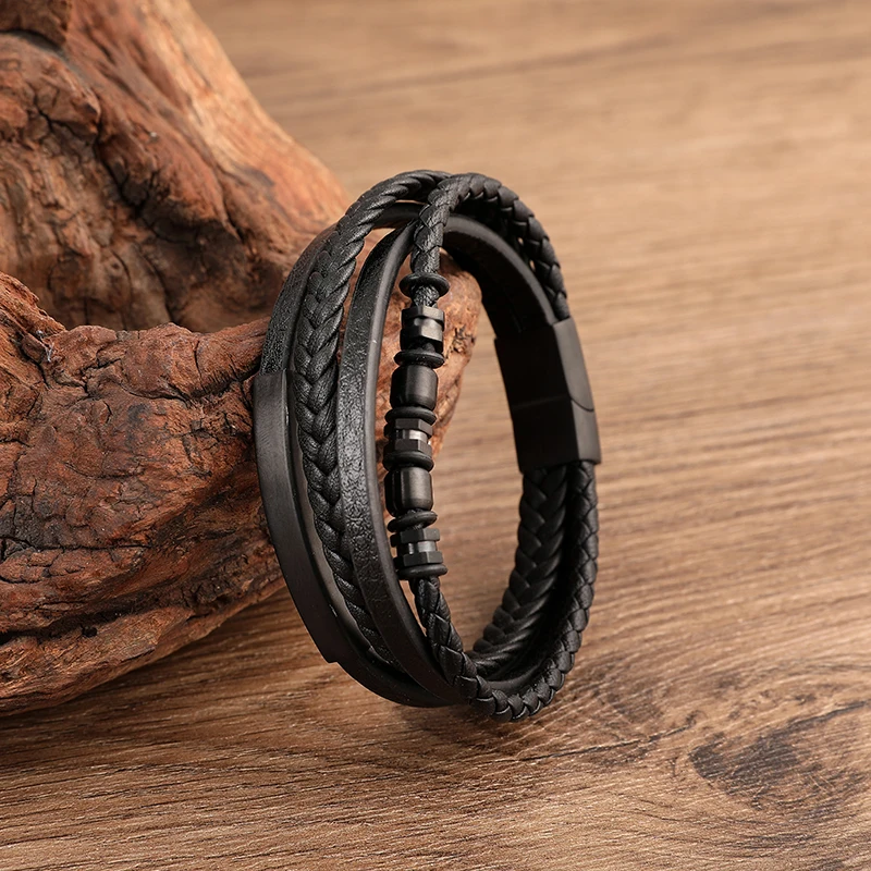 Trendy Genuine Leather Bracelets Men Stainless Steel Beads Multilayer Braided Rope Bracelets For Male Bracelets Jewelry