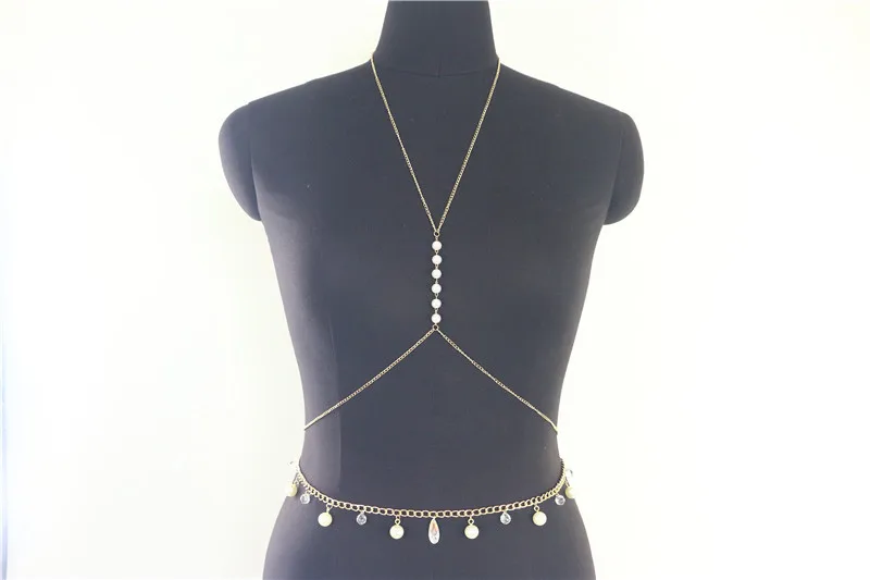  Summer Beach Jewelry Crystal Pearl Waist Chain Popular Harness Crossover Bra Body