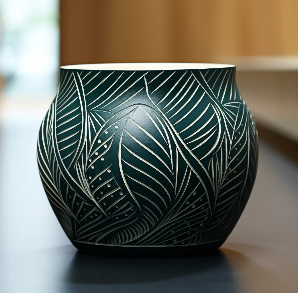 5 inch Ceramic Flowerpot Plant Vase - Woodcut-Inspired Graphics, Dark Teal and Dark White Artistry with Art Deco Flair