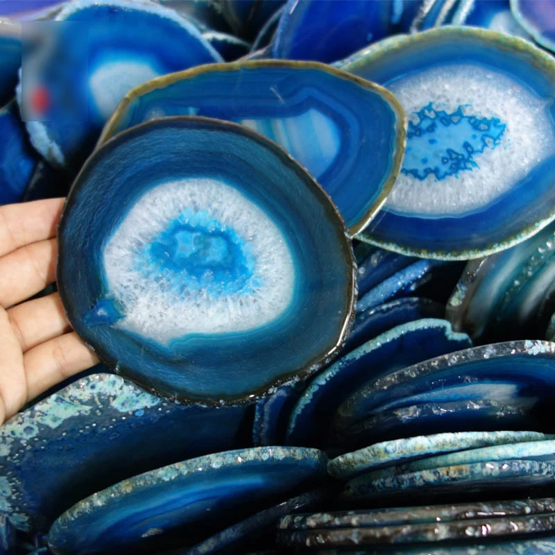 Wholesale bulk new trends design gift slice mixed color gold rim black rose white & blue natural stone agate coaster set