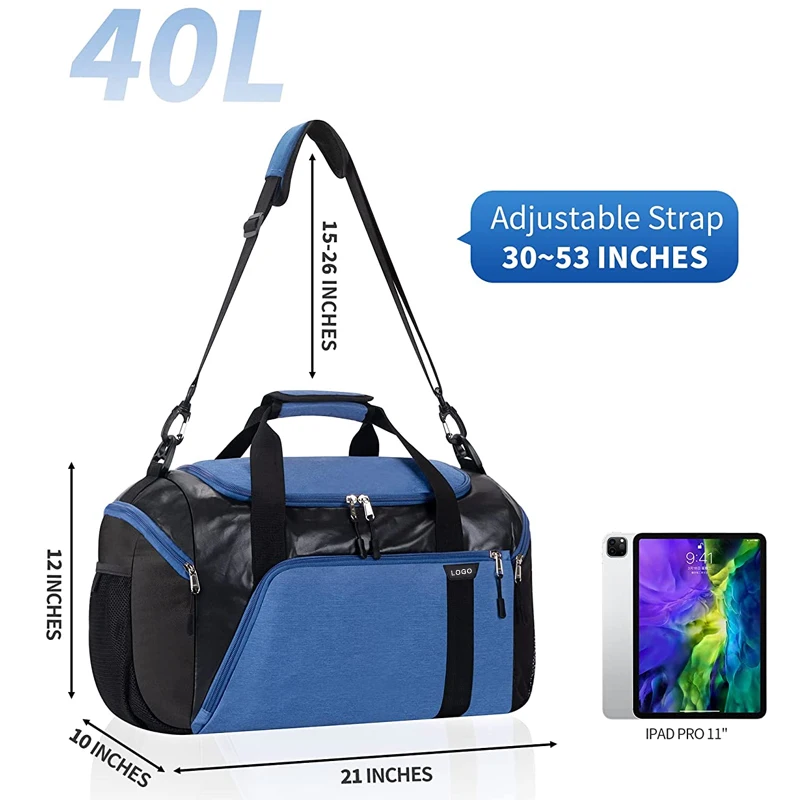 High Quality Waterproof Unisex Sneakers Travel Gym Duffle Bag 2 Bottle Holders Printed Metallic Sports Training Bag Zippered