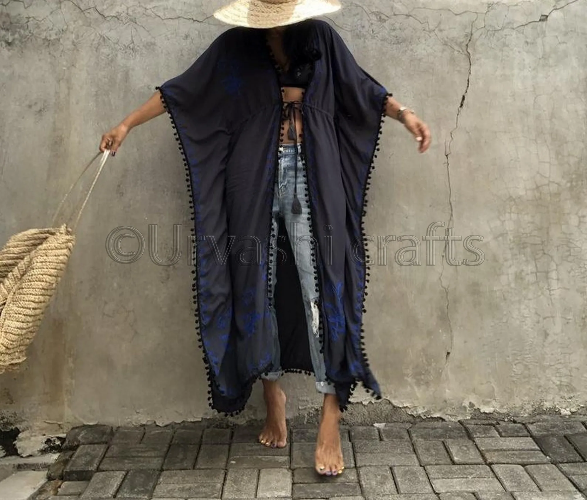 Women Stylish Hand Embroidered with Pom Pom Black Lace Open Front Long Kimono Beach Cover Up