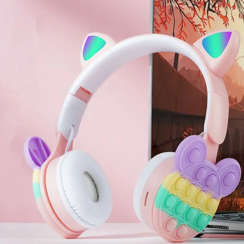 Silicone Push It Bubbles Headphone Stress Relief Fidget Toy Wireless Headphones Earphone Headset with LED Cat Ear