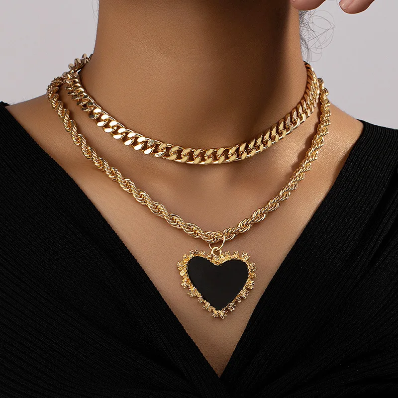 Hip Hop Double Heart Necklace Enamel Black Heart Necklaces Gold Plated Double Layer Cuban Necklace