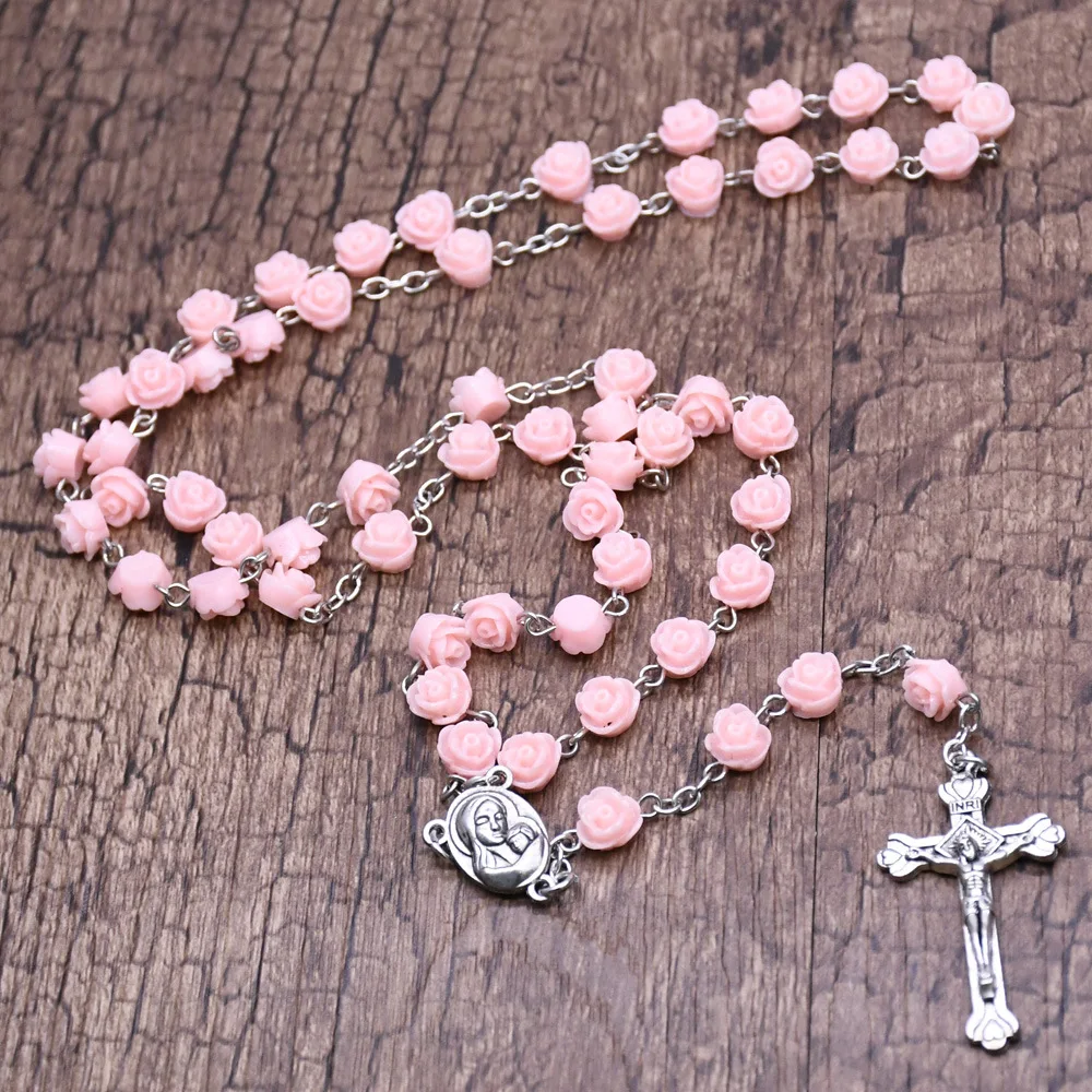 Cristianismo Cruzado Resin Rose Flower Rosary Necklace Virgin Mary Christ Cross Catholic Christian Prayer Beads