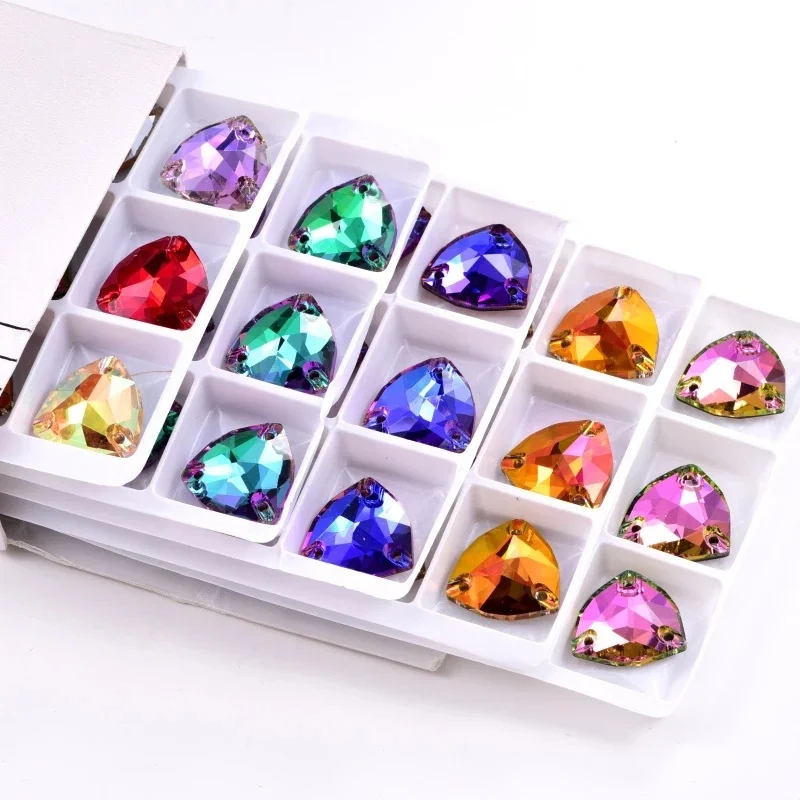 Oleeya 5A Top Quality Crystal Glass Sew On Rhinestones Flatback Over 20 Colors Fat Triangle Sew On Crystals Costume Decoration