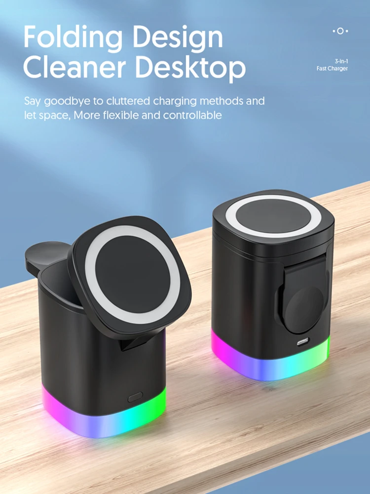 2022 New 3-in-1 RGB Light Mini Magnetic Wireless Charger Foldable 15W Fast Qi Lamp Wireless Charging Station for iphone 14 13 12