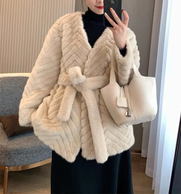 Куртка из искусственного меха норки Экологичная Женская куртка средней длины с поясом женские топы новейшего дизайна бархатная норковая шуба для женщин