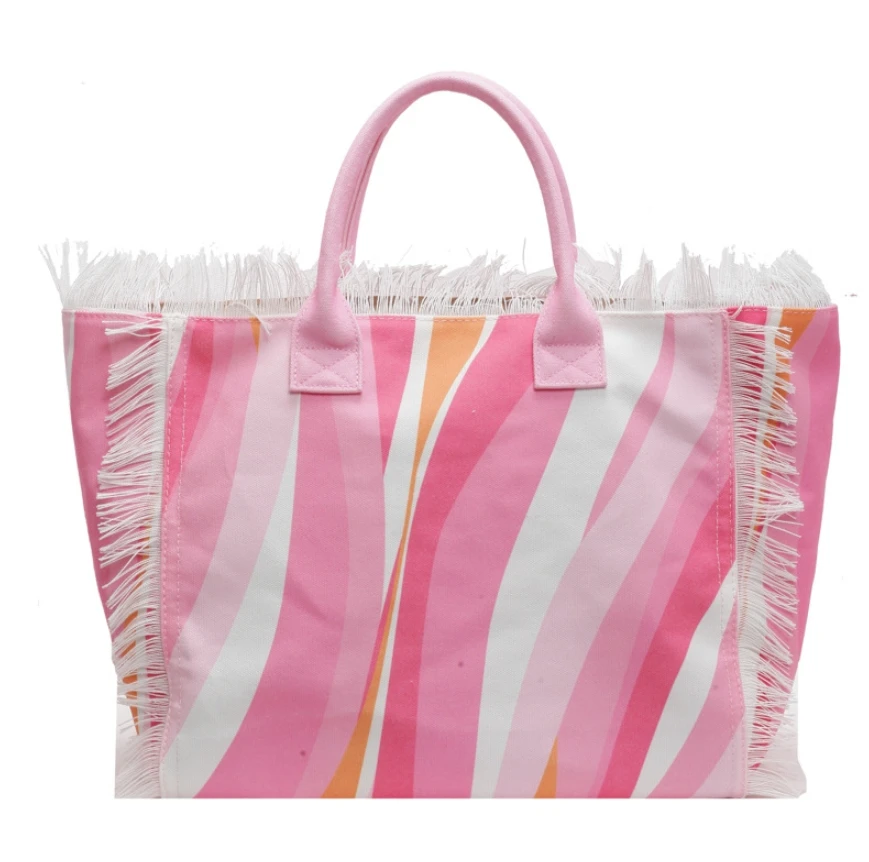 2025 Wholesale Large Capacity Canvas Tassel Tote Bags Travel Printed Beach Bag Women Letter Handbags with Top Handle Fringe