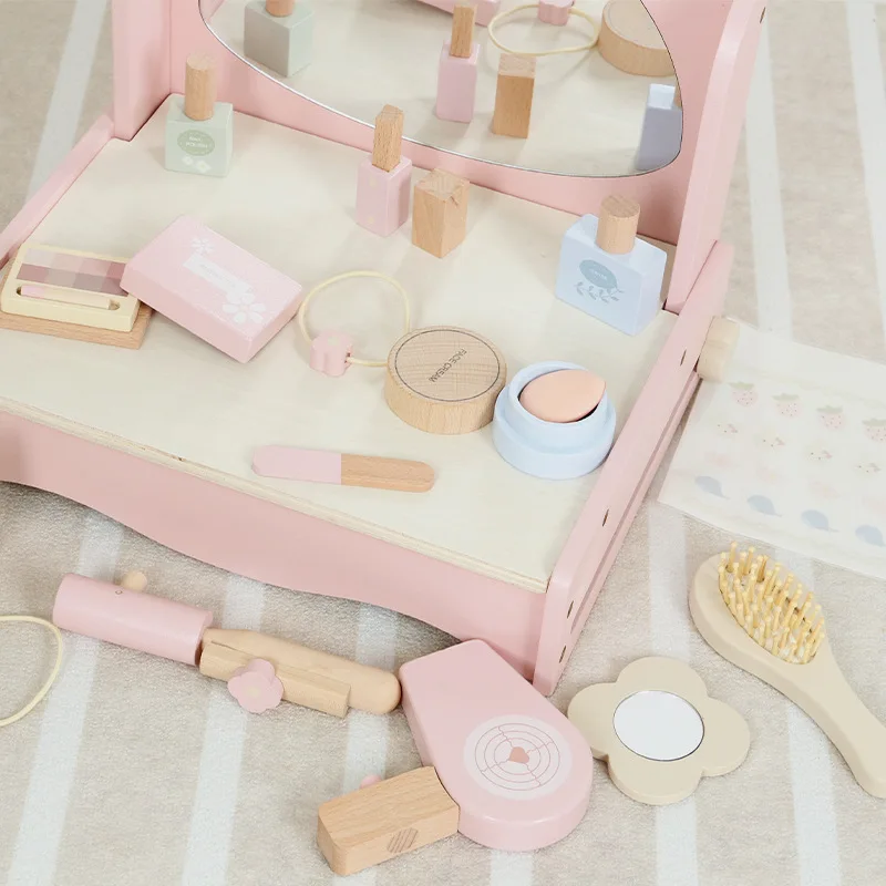 Hot selling Kids pretend to play make up toy girls dresser makeup toy wooden dresser simulate makeup tool toy set