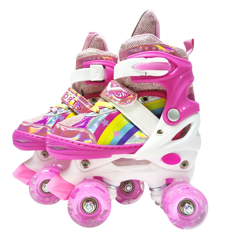 Quad Patines 4 Ruedas Roller Skates Kick Rollerskates 4 Wheels Blade Slalom Inline Shoes Flashing Roller For Kids