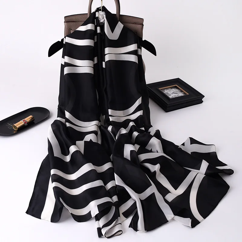 Производители 2021 новый индивидуальный 100% шелковый шарф роскошный бренд длинные шелковые шарфы известный бренд с принтом логотипа черный хиджаб шелк Ханой