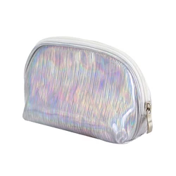 Пользовательский логотип Портативный Макияж сумка серебристый лазер PU дорожные туалетные принадлежности сумка для женщин