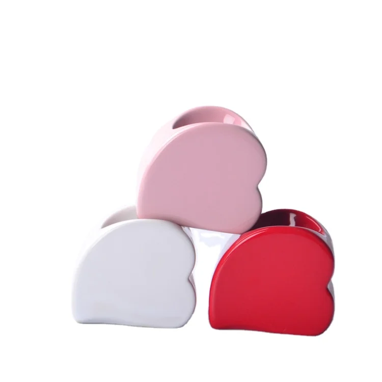 Red Heart Shaped Mini Ceramic Tabletop Flowerpot