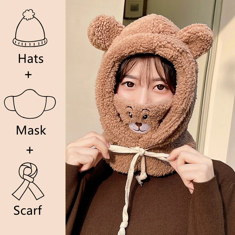 All-match Cute Bear Ear Hat Lamb Plush Simple Korean Winter Riding Thicken Warm Windproof Mask Scarf One-piece Cute Bear Hat